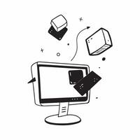 Flat Desktop monitor with holographic notifications surrounding it concept as A desktop monitor is set against a white background surrounded by floating holographic notifications pure vector