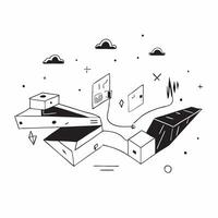 Flat Digital landscape with glowing abstract shapes representing data flow concept as A wide angle shot of a digital landscape filled with glowing abstract shapes that symbolize da pure vector
