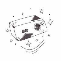 Flat Digital Camera with Holographic Lenses concept as Horizontal shot of a digital camera on a white surface with glowing holographic lenses floating around it creating a professi pure vector