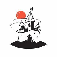 Flat Glossy Vampire Castle Background at Dusk concept as A glossy background featuring a vampire castle perched on a hill with a glowing red sky at dusk The scene is perfect for s pure vector