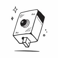 Flat Holographic Camera with Glowing Lens concept as A digital camera featuring a holographic glowing lens isolated on a glossy white surface The design includes ample copy space pure vector
