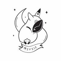 Flat Holographic Cat and Moon with Mystic Text concept as A sleek holographic cat and crescent moon with the word Mystic in an elegant eerie font The design is isolated on a white pure vector
