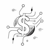 Flat Holographic Dollar and Circuit Board concept as An abstract depicting a holographic dollar sign intertwined with a circuit board pattern representing the integration of pure vector