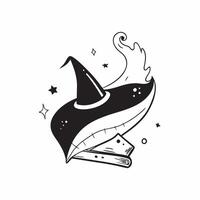 Flat Holographic Witch Hat and Black Cat with Bewitched Text concept as A sleek holographic witch hat and black cat with the word Bewitched in an elegant spooky font The design is pure vector