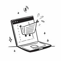 Flat Laptop with Holographic Shopping Cart concept as Vertical shot of a laptop standing open on a white background with a glowing holographic shopping cart floating above the keyb pure vector