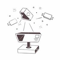 Flat Projector displaying holographic presentation slides concept as A projector sits on a white surface projecting holographic presentation slides into the air The scene is captu pure vector
