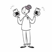 Flat Shopper Comparing Two Smartphones concept as Candid shot of a shopper holding two smartphones in a store trying to decide between them during a Black Friday sale capturing the pure vector