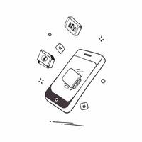 Flat Smartphone with holographic app icons hovering above copy space below concept as A high angle shot of a sleek smartphone with holographic app icons floating just above the scr pure vector