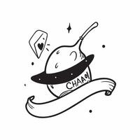 Flat Witchs Hat and Broom with Charm Text concept as An isolated featuring a witchs hat and broom with the word Charm in a whimsical font The elements are set against a whi pure vector