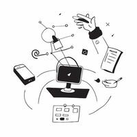Glossy abstract digital art of a figure using multiple devices in a flexible workspace concept as Camera movement Zoom into the abstract elements that represent the digital tools u pure vector