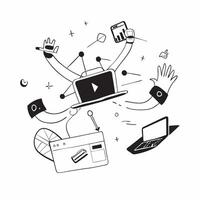 Glossy abstract digital art of a figure using multiple devices in a flexible workspace concept as Camera movement Zoom into the abstract elements that represent the digital tools u pure Set 2 vector