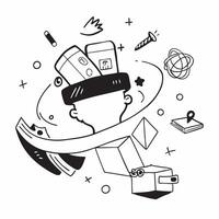 Glossy abstract shapes surrounding a figure in a flexible workspace with multiple devices concept as Camera movement Pan across the abstract shapes that symbolize digital connectiv pure vector
