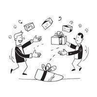Glossy artwork of a business exchanging Dhanteras gifts concept as Camera movement Zoom into the business people exchanging gifts with happy expressions Scene Elegant well lit off pure Set 2 vector