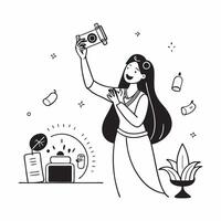 Glossy depiction of a woman performing Dhanteras Lakshmi Pooja concept as Camera movement Zoom into the womans serene expression as she performs Lakshmi Pooja Scene Sacred vibrant pure Set 2 vector