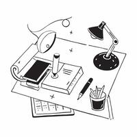 Glossy Desk with Lamp and Office Supplies concept as A photo of a glossy home office desk setup featuring a desk lamp and various office supplies The camera angle is slightly over pure vector