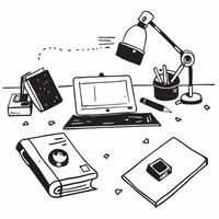 Glossy Desk with Lamp and Office Supplies concept as A photo of a glossy home office desk setup featuring a desk lamp and various office supplies The camera angle is slightly over pure Set 4 vector