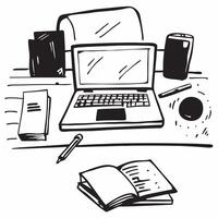 Glossy Desk with Stationery and Laptop concept as A photo of a glossy home office desk setup featuring stationery and a laptop The camera angle is slightly overhead focusing on th pure vector