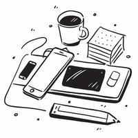 Glossy Desk with Smartphone and Coffee concept as A photo of a glossy home office desk setup featuring a smartphone and a cup of coffee The camera angle is slightly overhead focus pure Set 4 vector