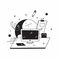 Glossy Home Office Setup with Abstract Digital Art concept as A photo depicting a home office setup with a glossy finish and an abstract digital art background The image highlight pure Set 7 vector