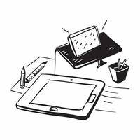 Glossy Home Office with Tablet and Stylus concept as A photo featuring a glossy home office desk setup with a tablet and stylus The camera captures the scene from the front highli pure Set 3 vector