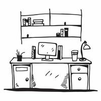 Glossy Home Office with Shelf Decor concept as A photo featuring a glossy home office desk setup with decorative shelves in the background The camera captures the scene from the f pure vector