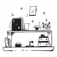 Glossy Home Office with Shelf Decor concept as A photo featuring a glossy home office desk setup with decorative shelves in the background The camera captures the scene from the f pure Set 4 vector