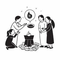 Glossy image of a family performing Lakshmi Pooja for Dhanteras concept as Camera movement Zoom into the family members faces as they perform the pooja Scene Warm vibrant glow fr pure vector