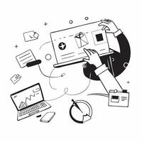 Graphic designer working on branding in a glossy flexible workspace concept as Camera movement Zoom into the designer screen as they create branding elements Scene A vibrant and c pure Set 2 vector
