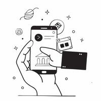 Hand holding a mobile phone with holographic banking app and copy space concept as Camera movement Zoom into the hand holding the mobile phone displaying a holographic banking app pure Set 3 vector