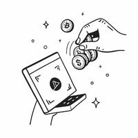 Hand holding tablet with holographic coins and Dhanteras text isolated on white background concept as Camera movement Pan across the hand holding a tablet displaying holographic co pure vector