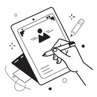 Hand signing a digital document on a tablet with holographic elements and copy space concept as Camera movement Zoom into the hand signing the document on the tablet screen Scene pure vector