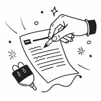 Hand signing contract with holographic world food day icons concept as Camera movement Zoom in on the hand signing the contract with holographic world food day icons floating nearb pure vector
