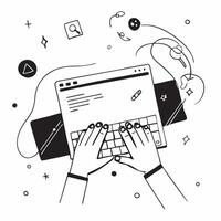 Hands on Abstract Glossy Keyboard with Abstract Background concept as Hands typing on an abstract glossy keyboard with an abstract digital background highlighting remote work techn pure vector