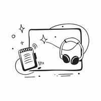 Headphones and notebook with Remote Work Essentials text in a border frame with copy space concept as Camera movement Zoom into the headphones and notebook with text Scene Clean a pure vector