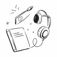 Headphones and Tablet with Remote Work Text concept as Headphones and a tablet with Remote Work text on a white background representing focus and note taking in remote work Camera pure Set 4 vector