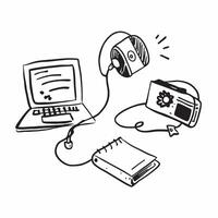 Headset and Laptop with Remote Work Text concept as A headset and laptop with Remote Work text on a white background representing communication and work tools in remote work Camer pure vector