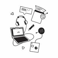 Headset and laptop with Virtual Meetings text in a border frame with copy space concept as Camera movement Zoom into the headset and laptop with text Scene Clean and professional pure vector