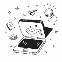 Holographic Laptop with Floating Icons concept as A sleek laptop with glowing holographic educational icons floating around creating an immersive online learning experience with am pure vector