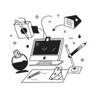 Home Office with Abstract Digital Art and Glowing Accessories concept as A photo featuring a home office setup with abstract digital art and glowing accessories such as a desk lamp pure Set 4 vector