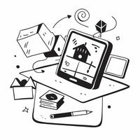 Home office with abstract holographic education app on a tablet concept as Camera movement Pan across the tablet screen with a holographic education app Scene Glossy abstract digi pure Set 2 vector