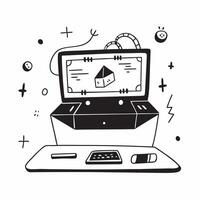 Home office with abstract holographic gaming interface on a desktop computer concept as Camera movement Pan across the desktop screen with a holographic gaming interface Scene Glo pure vector