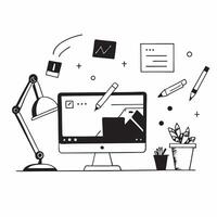Home Office with Glossy Digital Art Elements concept as A photo depicting a home office setup with glossy digital art elements such as a computer monitor and a desk lamp The image pure Set 2 vector