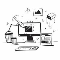 Home Office with Glossy Digital Art Elements concept as A photo depicting a home office setup with glossy digital art elements such as a computer monitor and a desk lamp The image pure vector