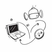 Laptop and Earbuds Icons with Remote Work Ready text isolated on white background concept as Camera movement Focus on the laptop and earbuds icons highlighting readiness for remote pure vector