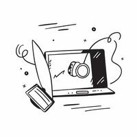 Laptop and headphones with Work in Progress text in a border frame with copy space concept as Camera movement Zoom into the laptop and headphones with text Scene Sleek and modern pure vector