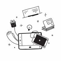 Laptop and mobile phone with holographic collaboration tools and flexible workspace text concept as Camera movement Zoom into the laptop and mobile phone screens with holographic c pure vector