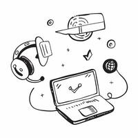 Laptop and headset with holographic communication tools and copy space isolated on white balance concept as Camera movement Focus on both the laptop and headset highlighting the gl pure Set 2 vector