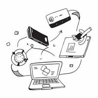 Laptop and mobile phone with holographic collaboration tools and flexible workspace text concept as Camera movement Zoom into the laptop and mobile phone screens with holographic c pure Set 2 vector