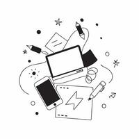 Laptop and notebook with Creative Workspace text in a border frame with copy space concept as Camera movement Pan across the laptop and notebook focusing on the text Scene Modern pure vector