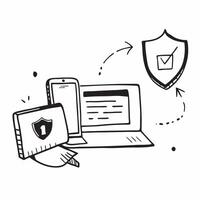 Laptop and Shield Icons with Secure Meeting text isolated on white background concept as Camera movement Focus on the laptop and shield icons highlighting security in virtual meeti pure vector